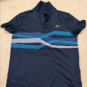 Lacoste Navy Polo shortsleeve with Blue and Light Gray Stripes medium